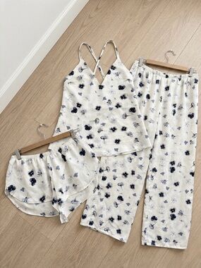 Primark Pansy Print 3-Pc Pajama Set Cami, Pants & Shorts Coquette Feminine
